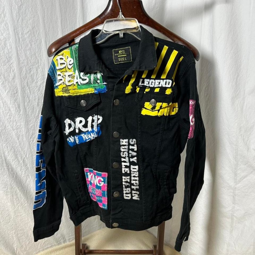 Sacred Crown‎ Mens Jean Jacket Black Denim Size Large Legend Hip-Hop Paint